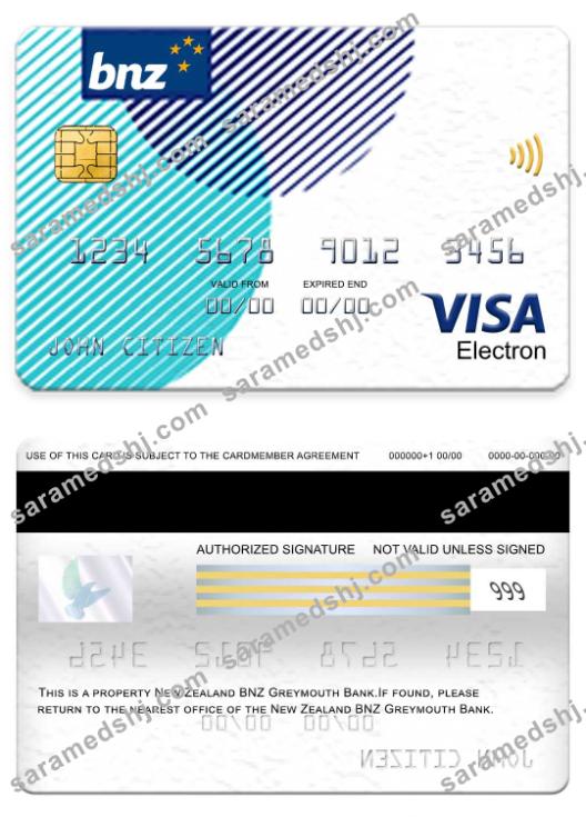 New Zealand BNZ Greymouth Bank visa electron card